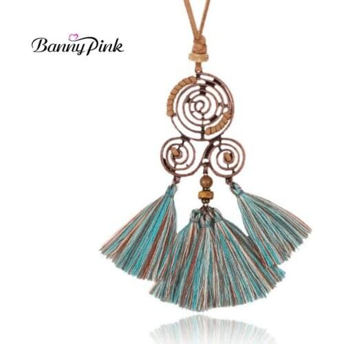 Banny Pink Boho Metal Geo Pendant Necklace For Women Ethnic Tassel Dangle Necklace Vintage Long Leather Sweater Chain Necklace