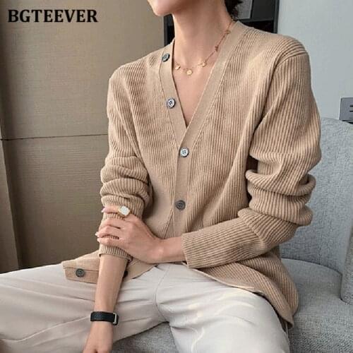 BGTEEVER Casual V-neck Single-breasted Female Knitted Cardigans 2021 Autumn Full Sleeve Ladies Solid Sweaters Women Knitwear