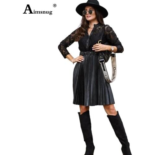 Aimsnug Sexy Women Faux PU Dresses New Patchwork Lace Pleated Bodycon Dress 2021 New Punk Style Black Synthetic Leather Dresses