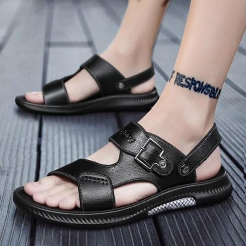 Summer Trending Leather Sandals Men Outdoor Breathable Fashion Brand Beach Shoes Flip Flops Indoor Slides Slippers Flat 2021