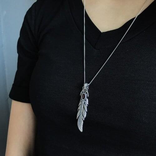 925 Sterling Silver Handcraft Vintage Feather Pendant Necklace Long Sweater Chain With Black Zircon Boho Statement Necklace