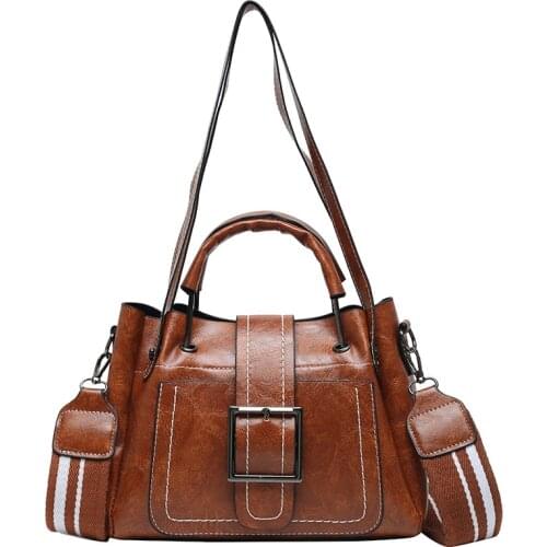 Women Fashion Version Retro Bucket Bag Wide Shoulder Belt Large Capacity Shoulder Bag Messenger Handbag