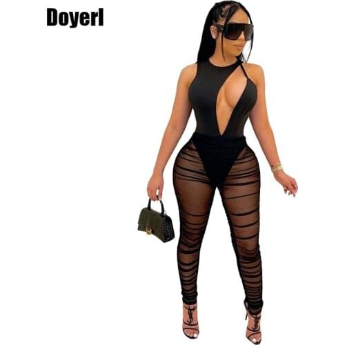 Sexy Mesh Sheer Two Piece Set Club Birthday Outfits for Women Matching Sets Summer Bodysuit Top 2 Piece Ruched Pants Sets 2021