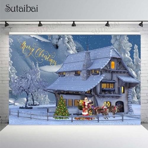Winter Christmas Photography Background Snow House Christmas Tree Decorations Santas Gift for Children Photo Backdrop Photocall