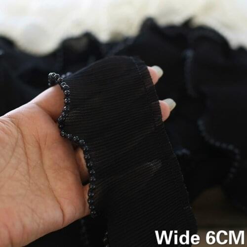 6CM Wide White Black Chiffon Pleated Fabric Stretch Lace Elastic Ruffle Trim Beaded Fringe Ribbon Collar Cuffs DIY Sewing Supply