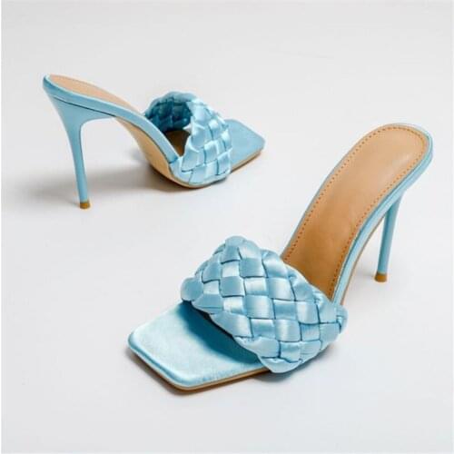 Fashion Silk Women Sandals Sexy High Heels Square Toe Knit Summer Shoes Sandals Woman