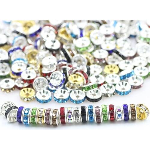 6/8mm Rhinestone Rondelles Crystal Metal Bead Loose Spacer Charm Beads for DIY Handmade Jewelry Findings Making Supplies