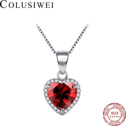 COLUSIWEI New Genuine 925 Sterling Silver Red Crystal Love Heart Pendant Necklace for Women Wedding Jewelry Valentines Gift
