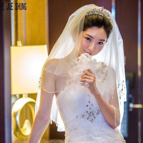 E JUE SHUNG Modest Short Tulle Bridal Veils With Beaded Bride Veils For Wedding Ivory White Wedding Veils Velos de Novia