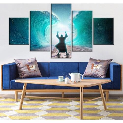 Christian Pictures Moses Separate the Sea Paintings Religious Wall Decor 5 Panel Canvas Blue Teal Artwork Home Decor for Living