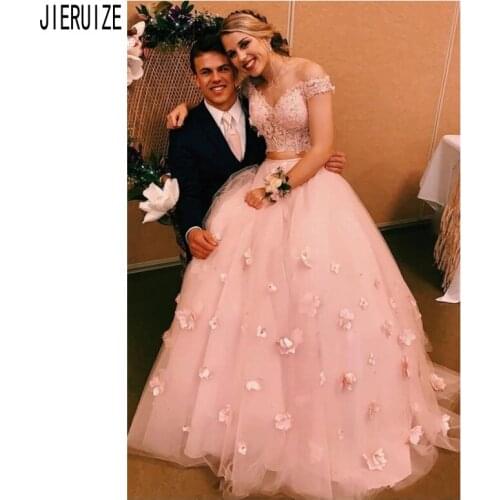 JIERUIZE Elegant Pink Two Pieces Wedding Dresses Off the Shoulder Handmade Flowers Lace Up Back Wedding Gowns robe de mariee