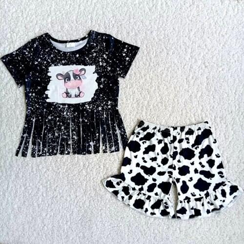 Summer Children Fashion Tassel Top And Ruffle Shorts Set Baby Girls Milk Cow Pattern Outfit Toddlers Black Clothes