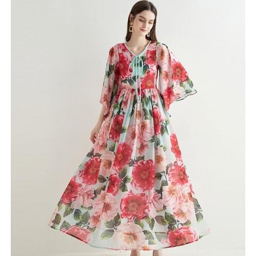 Red Flower Printed Loose Lace Up Chiffon Dress Women Bohemian Beach Batwing Sleeve Floral Long Maxi Vestidos Plus Size k390