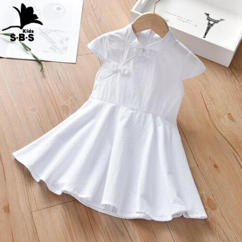 Girls Summer Dress 2021New Arrival Chinese Style Short-sleeved Ancient Costume White Childrens Clothing Big Swing Cotton Dress