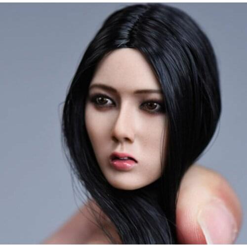 1/6 Scale YMTOYS Female Asia Girl Head Sculpt Carved Model Black Long Hair Fit For 12'' 12inch Action Figure Body Dolls Gifts