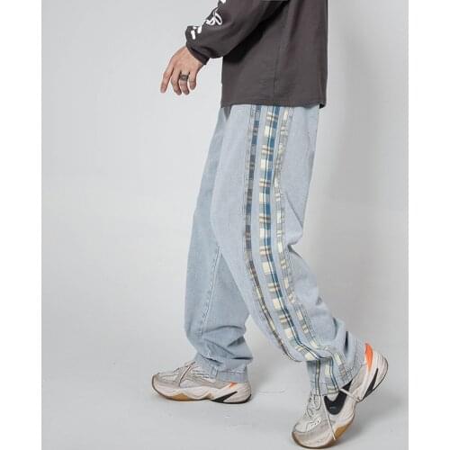 EukaaRu Men Side Stripe Denim Jeans Fashion Plaid Stitching Man Hip Hop Baggy Jeans Loose Straight Pants Women Boyfriend Jeans