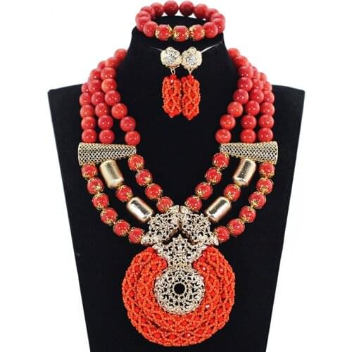 New Nigerian Wedding Coral Beads Jewelry Set Chunky Bib Crystal African Costume Jewelry Set Bride Free Shipping WE114