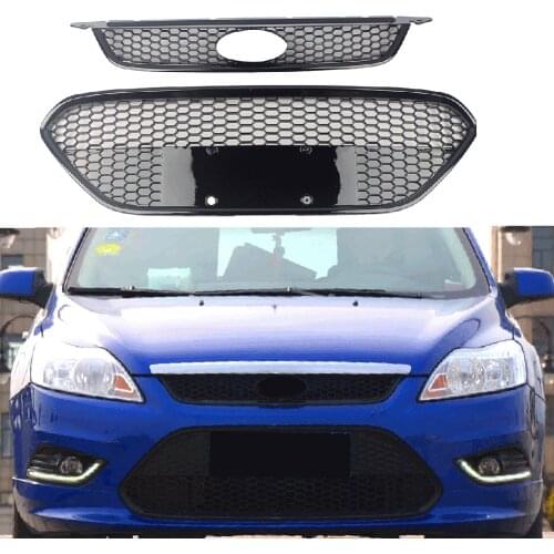 Car Front Gill+ Lower Grille Bumper Honeycomb For Ford Focus 2009 2010 2011 2012 2013 2014 2015 Hatchback Sedan Glossy Black