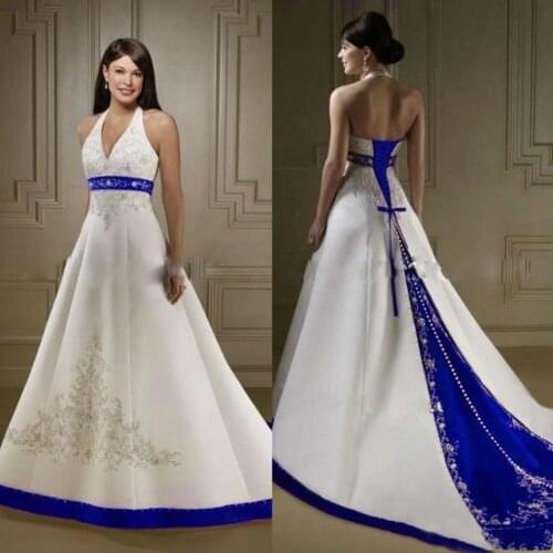 2020 Court Train Ivory and Royal Blue A Line Wedding Dresses Halter Neck Open Back Lace Up Embroidery Wedding Bridal Gowns