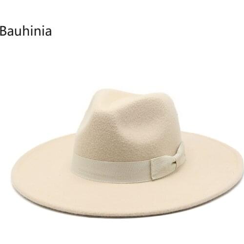 Bauhinia New Winter Wool Fedoras Hat 9CM Wide Brim Ribbon Bowknot Hat Solid Color Wedding Decorate Formal Dress Cap