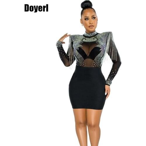 Rhinestone Sparkly Elegant Party Dresses for Women 2021 Fashion Runway See Through Sheer Mesh Sexy Club Bodycon Dress Mini Robes