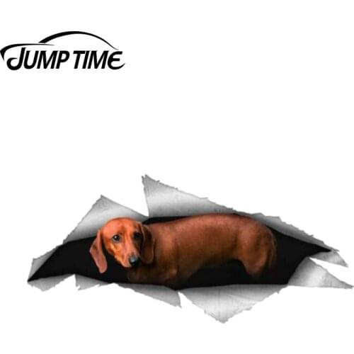 Jump Time 13cm x 5.9cm Daschund Dog Pet Sticker Torn Metal Decal 3D Car Styling Wild Animal Funny Car Stickers Window Bumper