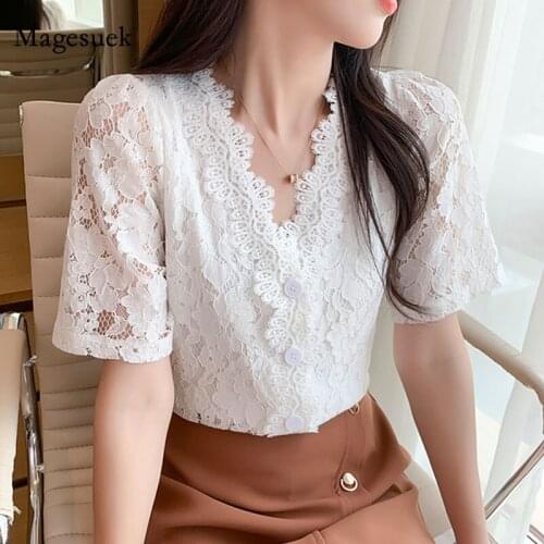 Summer Crochet Lace Chiffon Blouse Women 2021 Korean Chic New Vintage V-neck Solid Ladies Tops Short Sleeve Womens Shirt 14436
