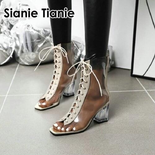 Sianie Tianie 2020 summer new shoes for woman PVC transparent cross-tied peep toe women ankle boots clear block high heels boots