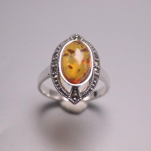 Solid S925 Sterling Silver Ring Women Luck Brown Amber Oval Ring 20mmW US6-8 Best Gift