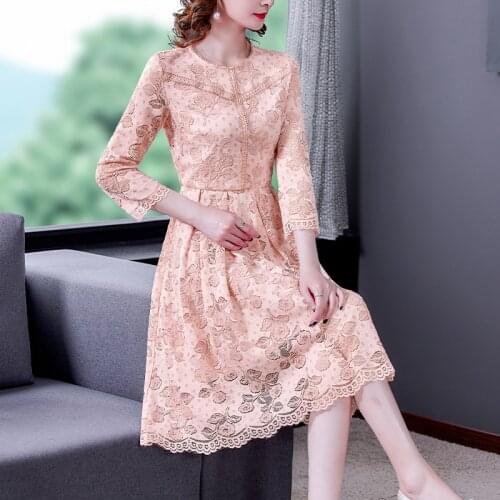 Spring Pink Floral Embroidery Lace Midi Dress 2021 Autumn Vintage Office Lady Casual Dress Women Elegant Bodycon Party Vestidos