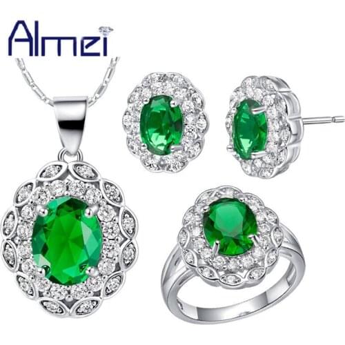 Almei 2018 Fashion Blue Red CZ Wedding Lady Silver Jewelry Set for Women Bridal Necklace Earrings Ring Conjunto Brinco Sale T496