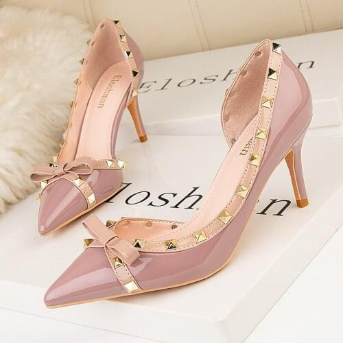 2020 Women Dress Pumps pinted toe Thin Heels High Heels Rivet Butterfly-knot Shoes For Lady stiletto wedding shoes stiletto
