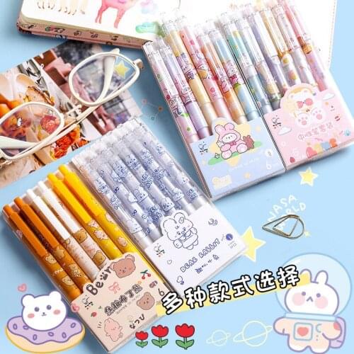 6 Pcs/Lot 0.5 Cartoon Retractable Ballpoint Pen Mechanical Black Gel Ink Pens Cute Stationery Pen School Office Writing Supplies