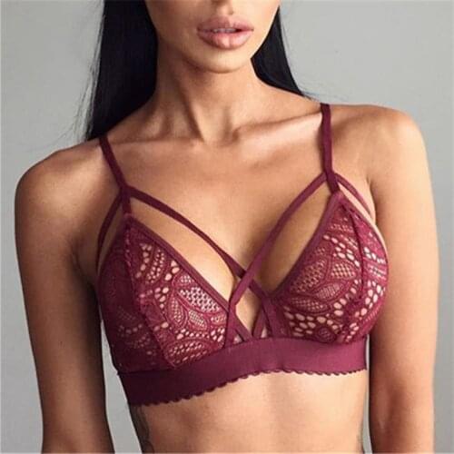 Women Cross Bandage Crop Tank Top Sexy Floral Sheer Lace Bra Seamless Fitness Women Bra