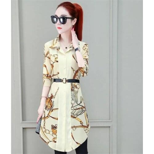 Elegant Womens Summer Dresses lapel long-sleeved Tops Chic printed Belts Slim office ladies ShirtDress trend Frail Streetwear