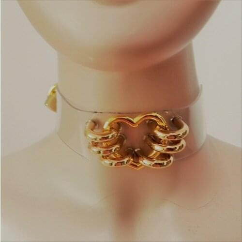 Harajuku Hold your heart 100%Handmade Sexy Clear Sweet heart Collar Punk Rock Gothic Choker Necklace belt torques-Golden color