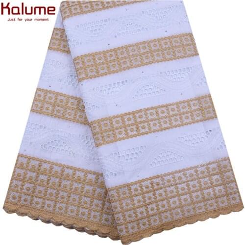 Kalume New Fashion 100% Cotton African Lace Fabric High Quality Pure Cotton Lace Fabric With Stones For Nigerian Sewing F2088