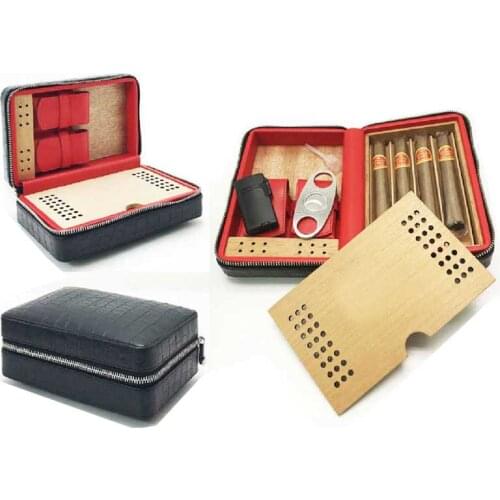 Cedar Wood Leather Travel Cigar Humidor Box Moisturizing Device Cigar Case Box Wooden Lining Travel Carry Cigar Box