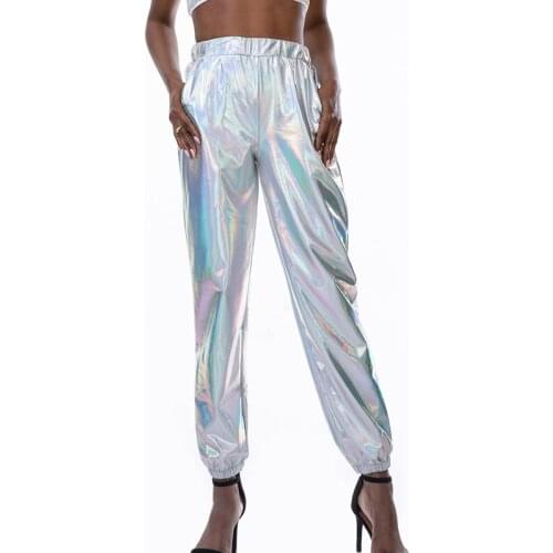 YSDNCHI Club High Waist Trousers Shiny Sexy Joggings Loose Pants Clubwear Punk Ladies Trousers Polyester Women Clothes