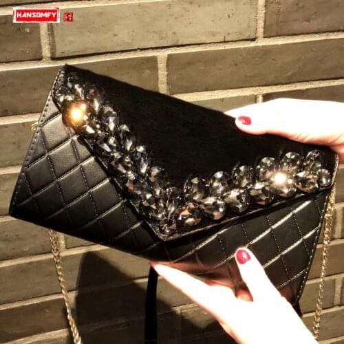 Leather Women Clutch Bag Female Bag 2020 New Europe and America Diamonds Horse Hair Bag Small Chain Messenger Banquet Bags