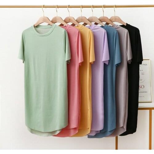 Cool New Summer Ice Silk Sleepwear Dress Comfortable Short Sleeve Nightgowns For Women Loose Mid Length Ladies Nightdress
