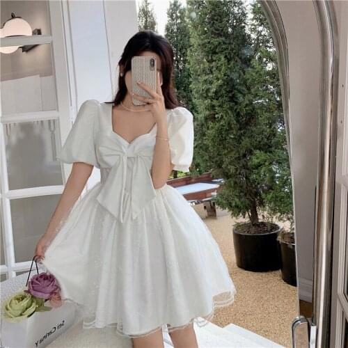 Summer Womens Dress 2021 Puff Sleeve Vintage Sexy Dress Fashion Ladies Bowknot Puffy Dress Splicing Net Yarn Back Bandage Dress