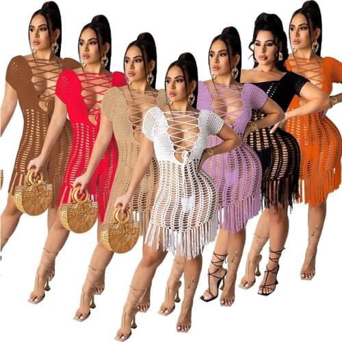 Summer Knitted Beachwear Mini Dress Short Sleeve Tassel Sheer Night Club Outfits Women Sexy Backless Party Dresses S-XXL