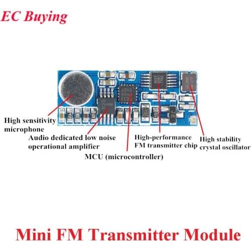 Mini FM Wireless Microphone Transmitter Module Single Channel Board 3-5V 100mW Adjustable Sensitivity USB to TTL 80KΩ 76-108MHz