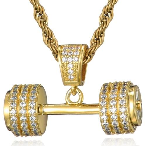 Fashion Hand Pendants Necklaces For Men Jewelry Hip Hop Iced Out Bling Rhinestone Rope Chain Barbell Gym Fitness Dumbbell Gold