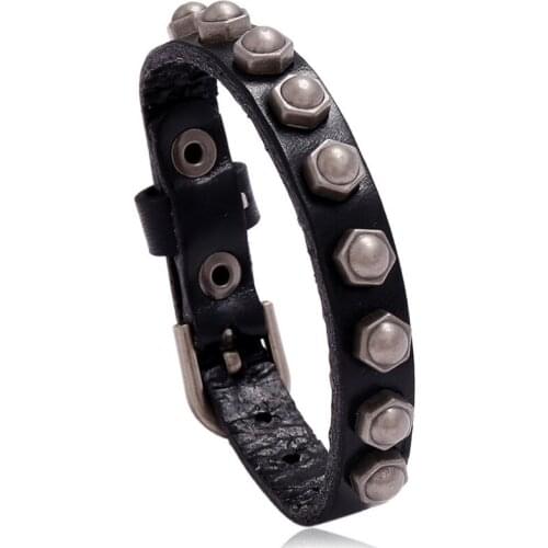 Punk Rock Fashion Black Brown Genuine Leather Bracelet Belt Screw Nut Charm Wristbands Vintage Round Rivets Wrap Bangle Jewelry