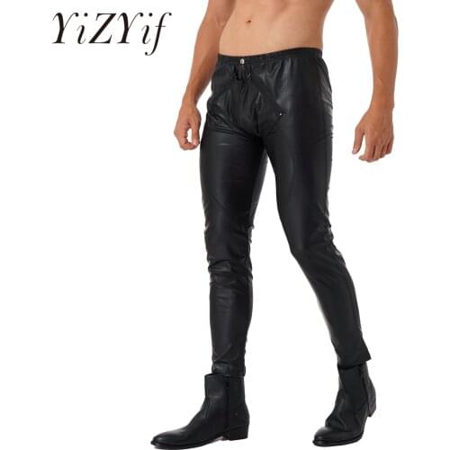 Mens Zipper Front Trousers Skinny Pencil Pants Faux Leather Leggings Stage Performance Pole Dance Leggings Rave Bar Clubwear