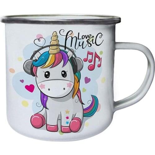 Stainless Steel Camping Coffee Mug Unicorn Loves Music Retro Enamel Birthday Christmas Outdoors Metal Enamel Campfire Cup