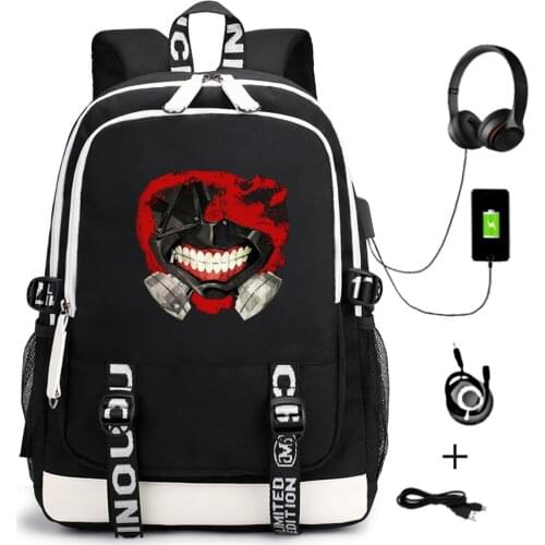 Anime Tokyo Ghoul Casual Backpack Unisex School Bags for Teenagers Cartoon USB Travel Laptop Shoulder Bags Zipper Bookbag
