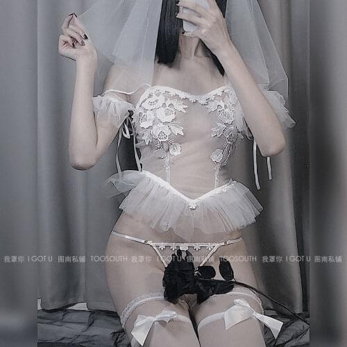 Sexy Bride Cosplay Outfit for Women Japanese AV Actress Costumes Cute Anime See Through Lingerie with Veil Erotic Wedding Set